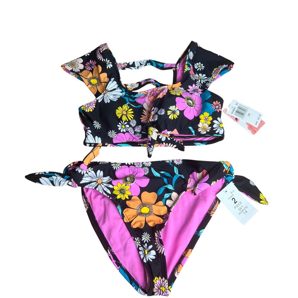 Hobie Girls Bikini 2 Piece Swimsuit Sz 14 Black Floral Flutter Sleeve NWT